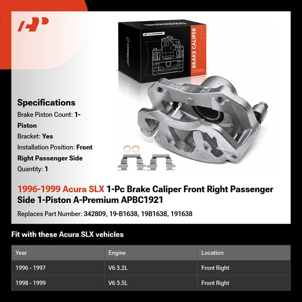 1996-1999 Acura SLX 1-Pc Brake Caliper Front Right Passenger Side 1-Piston A-Premium APBC1921