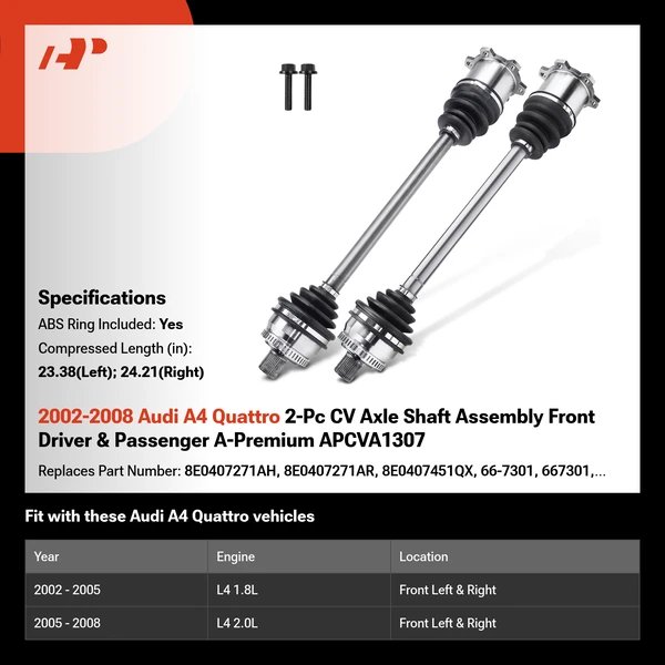 2002-2008 Audi A4 Quattro 2-Pc CV Axle Shaft Assembly Front Driver & Passenger A-Premium APCVA1307