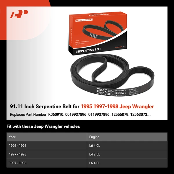 91.11 Inch Serpentine Belt for 1995 1997-1998 Jeep Wrangler