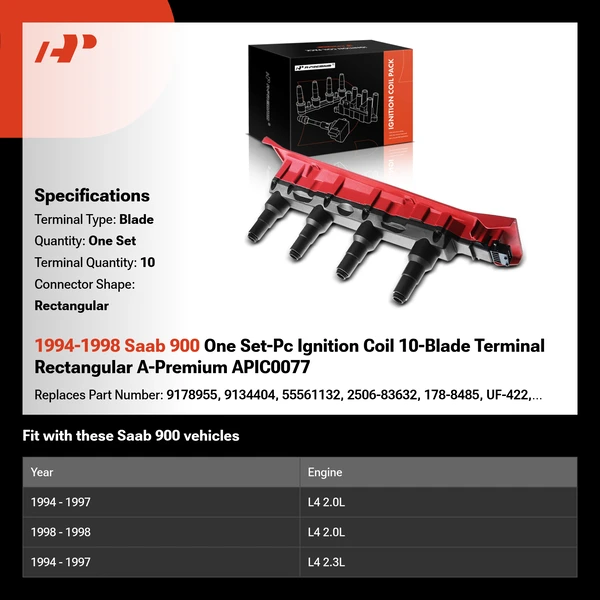 1994-1998 Saab 900 One Set-Pc Ignition Coil 10-Blade Terminal Rectangular A-Premium APIC0077