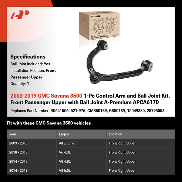 2003-2019 GMC Savana 3500 1-Pc Control Arm and Ball Joint Kit, Front Passenger Upper with Ball Joint A-Premium APCA6170