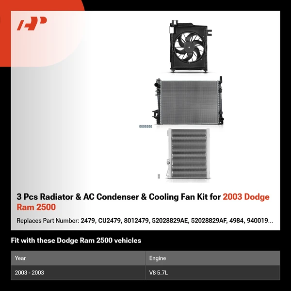 3 Pcs Radiator & AC Condenser & Cooling Fan Kit for 2003 Dodge Ram 2500