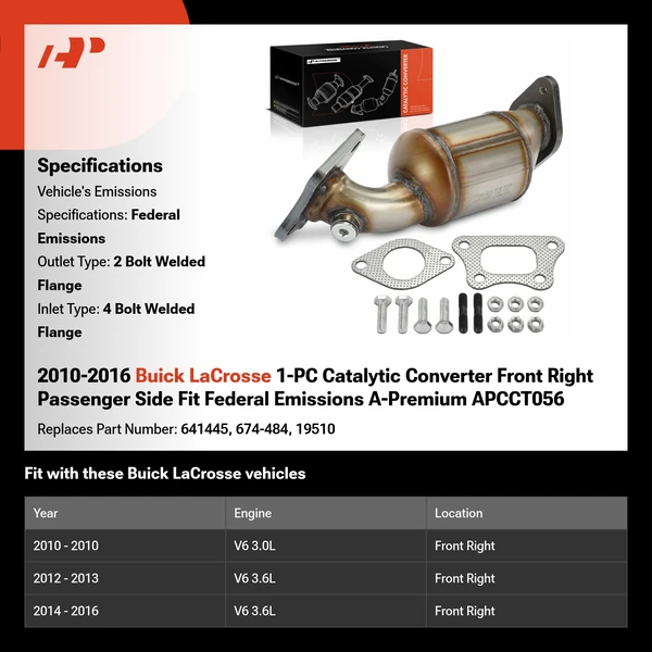 2010-2016 Buick LaCrosse 1-PC Catalytic Converter Front Right Passenger Side Fit Federal Emissions A-Premium APCCT056