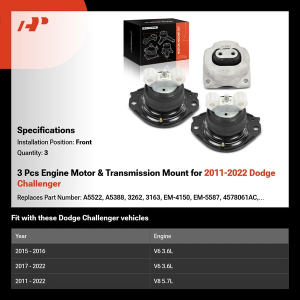 3 Pcs Engine Motor & Transmission Mount for 2011-2022 Dodge Challenger