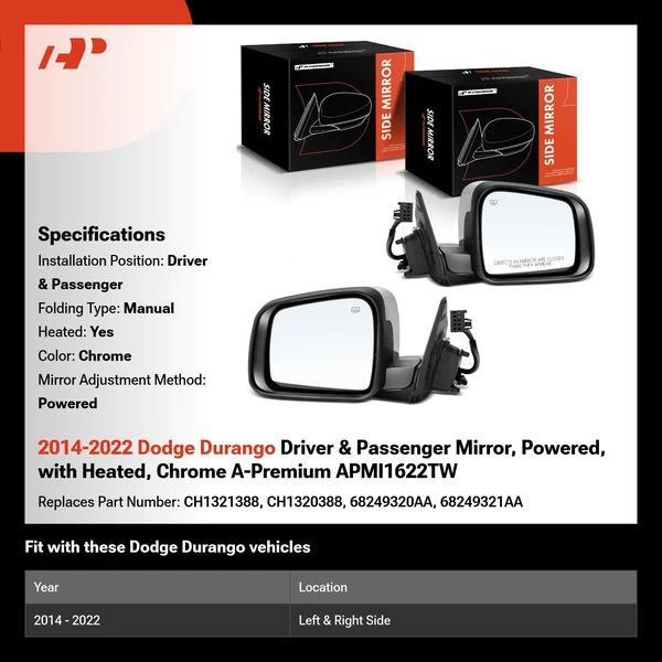 2014-2022 Dodge Durango Driver & Passenger Mirror, Powered, with Heated, Chrome A-Premium APMI1622TW