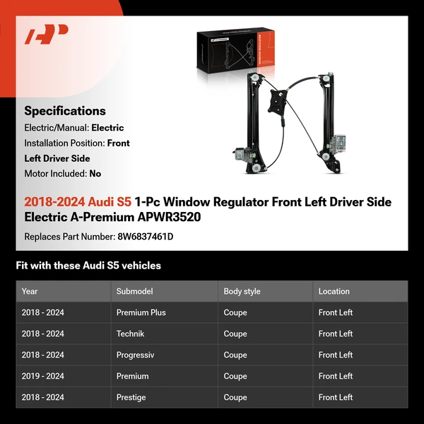 2018-2024 Audi S5 1-Pc Window Regulator Front Left Driver Side Electric A-Premium APWR3520