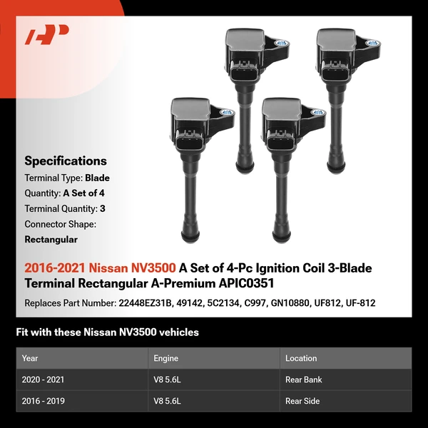 2016-2021 Nissan NV3500 A Set of 4-Pc Ignition Coil 3-Blade Terminal Rectangular A-Premium APIC0351