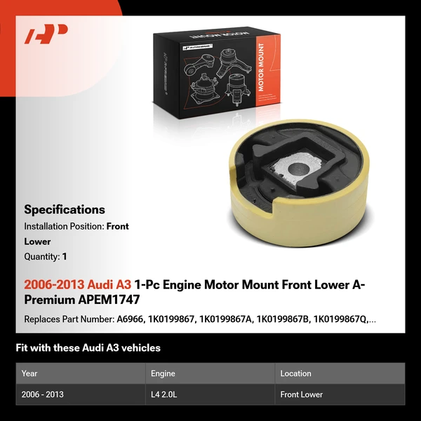 2006-2013 Audi A3 1-Pc Engine Motor Mount Front Lower A-Premium APEM1747