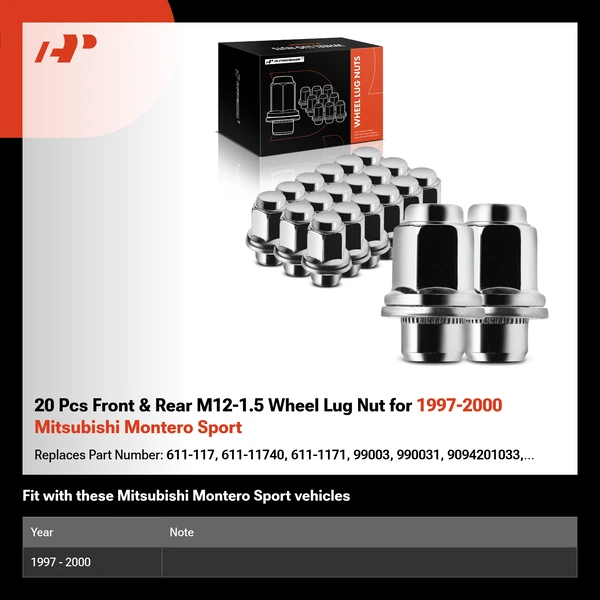 20 Pcs Front & Rear M12-1.5 Wheel Lug Nut for 1997-2000 Mitsubishi Montero Sport