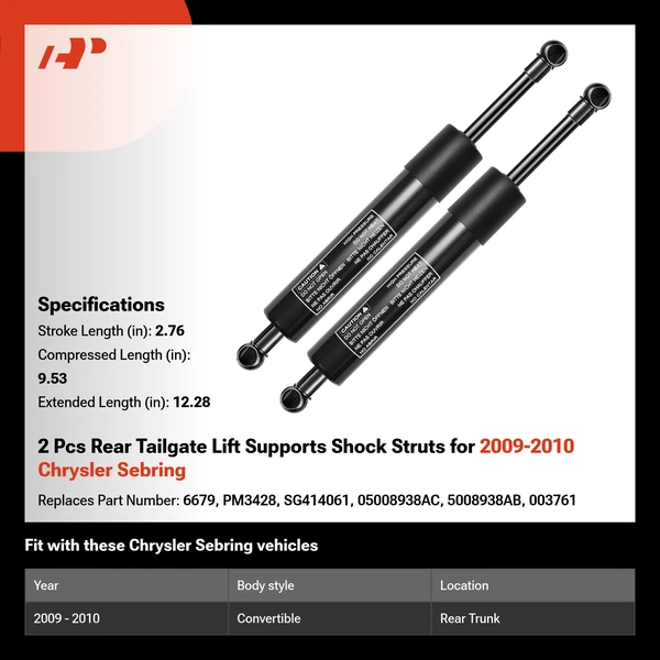 2 Pcs Rear Tailgate Lift Supports Shock Struts for 2009-2010 Chrysler Sebring