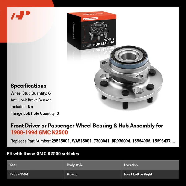 Front Driver or Passenger Wheel Bearing & Hub Assembly for 1988-1994 GMC K2500