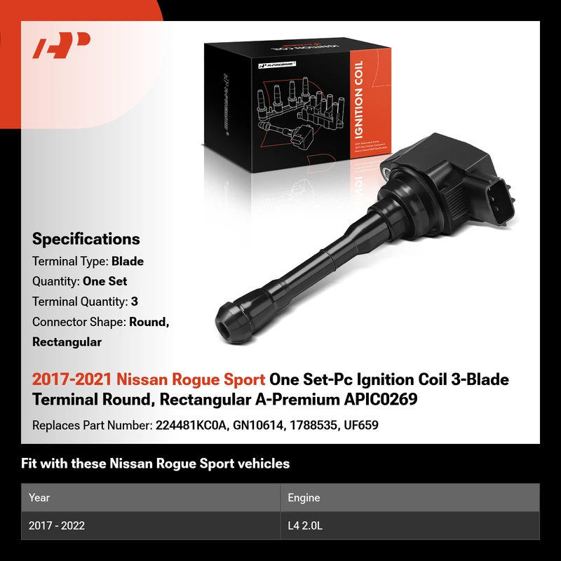 2017-2021 Nissan Rogue Sport One Set-Pc Ignition Coil 3-Blade Terminal Round, Rectangular A-Premium APIC0269
