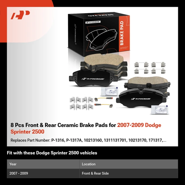 8 Pcs Front & Rear Ceramic Brake Pads for 2007-2009 Dodge Sprinter 2500