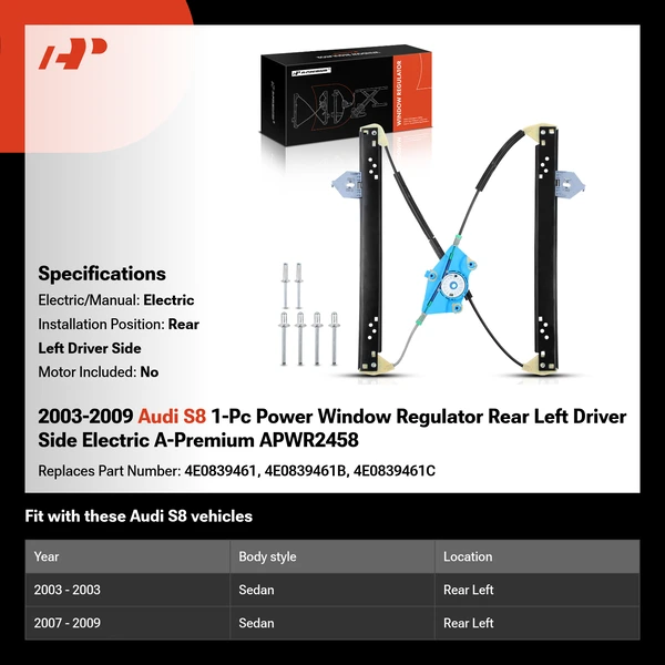 2003-2009 Audi S8 1-Pc Power Window Regulator Rear Left Driver Side Electric A-Premium APWR2458