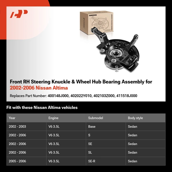 Front RH Steering Knuckle & Wheel Hub Bearing Assembly for 2002-2006 Nissan Altima