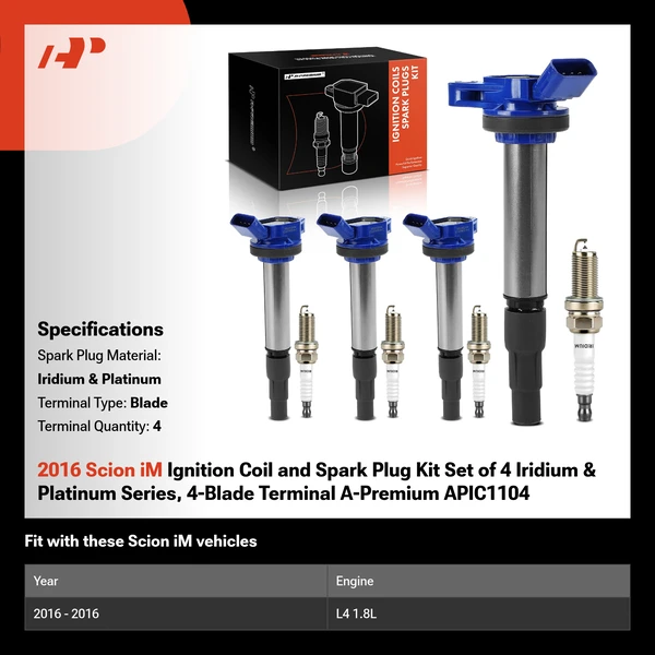 2016 Scion iM Ignition Coil and Spark Plug Kit Set of 4 Iridium & Platinum Series, 4-Blade Terminal A-Premium APIC1104