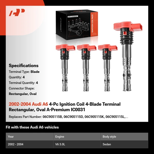 2002-2004 Audi A6 4-Pc Ignition Coil 4-Blade Terminal Rectangular, Oval A-Premium IC0031