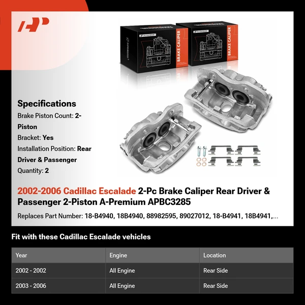 2002-2006 Cadillac Escalade 2-Pc Brake Caliper Rear Driver & Passenger 2-Piston A-Premium APBC3285