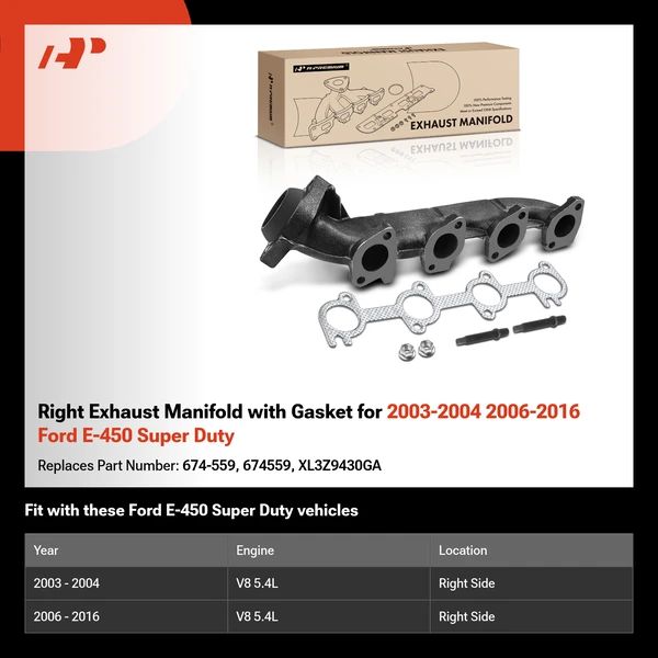 Right Exhaust Manifold with Gasket for 2003-2004 2006-2016 Ford E-450 Super Duty