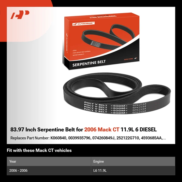 83.97 Inch Serpentine Belt for 2006 Mack CT 11.9L 6 DIESEL