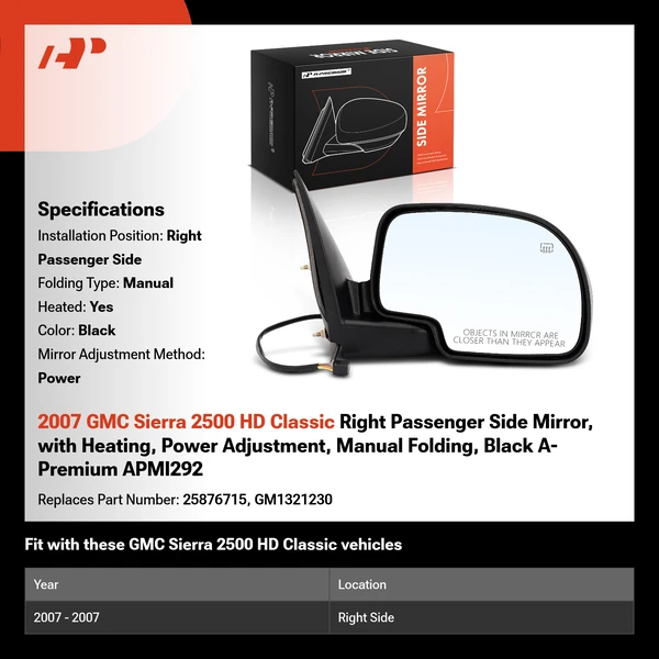2007 GMC Sierra 2500 HD Classic Right Passenger Side Mirror, with Heating, Power Adjustment, Manual Folding, Black A-Premium APMI292