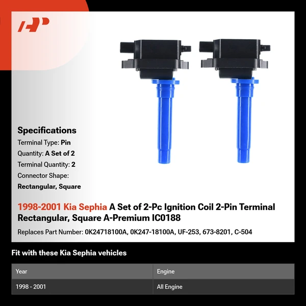1998-2001 Kia Sephia A Set of 2-Pc Ignition Coil 2-Pin Terminal Rectangular, Square A-Premium IC0188
