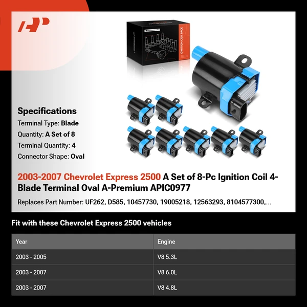 2003-2007 Chevrolet Express 2500 A Set of 8-Pc Ignition Coil 4-Blade Terminal Oval A-Premium APIC0977