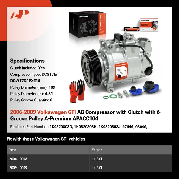2006-2009 Volkswagen GTI AC Compressor with Clutch with 6-Groove Pulley A-Premium APACC104