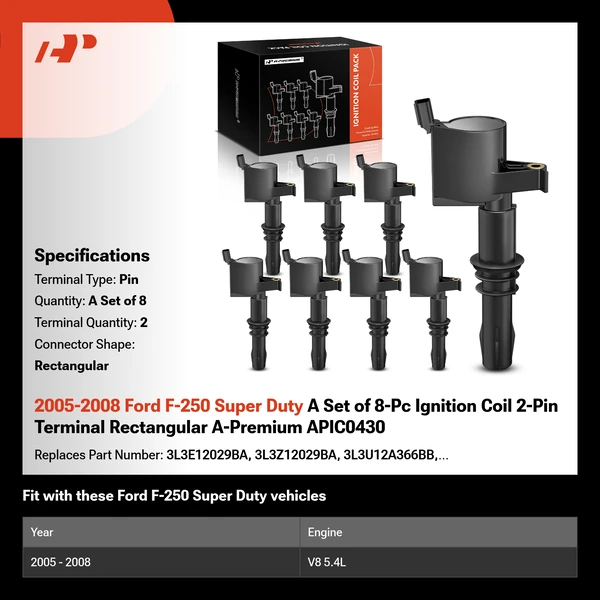 2005-2008 Ford F-250 Super Duty A Set of 8-Pc Ignition Coil 2-Pin Terminal Rectangular A-Premium APIC0430