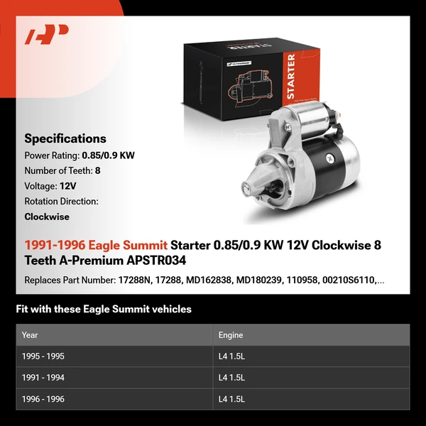 1991-1996 Eagle Summit Starter 0.85/0.9 KW 12V Clockwise 8 Teeth A-Premium APSTR034