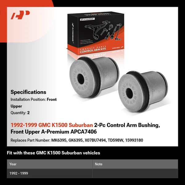 1992-1999 GMC K1500 Suburban 2-Pc Control Arm Bushing, Front Upper A-Premium APCA7406
