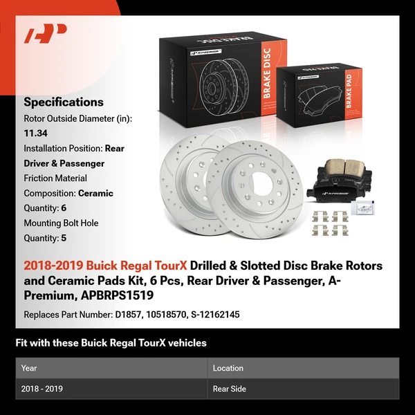 2018-2019 Buick Regal TourX Drilled & Slotted Disc Brake Rotors and Ceramic Pads Kit, 6 Pcs, Rear Driver & Passenger, A-Premium, APBRPS1519