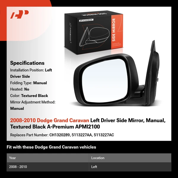 2008-2010 Dodge Grand Caravan Left Driver Side Mirror, Manual, Textured Black A-Premium APMI2100
