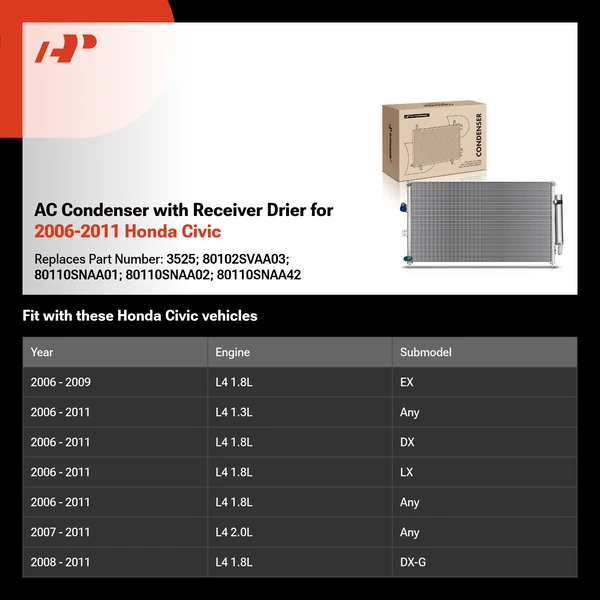 AC Condenser with Receiver Drier for 2006-2011 Honda Civic