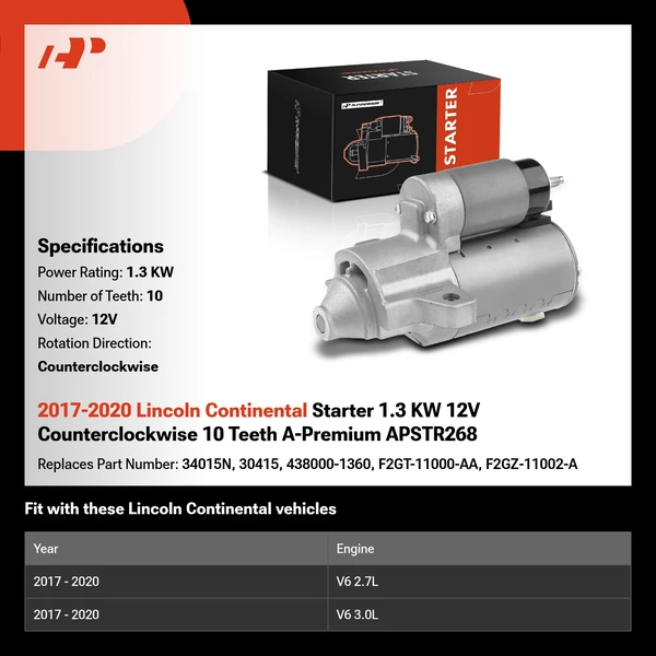 2017-2020 Lincoln Continental Starter 1.3 KW 12V Counterclockwise 10 Teeth A-Premium APSTR268