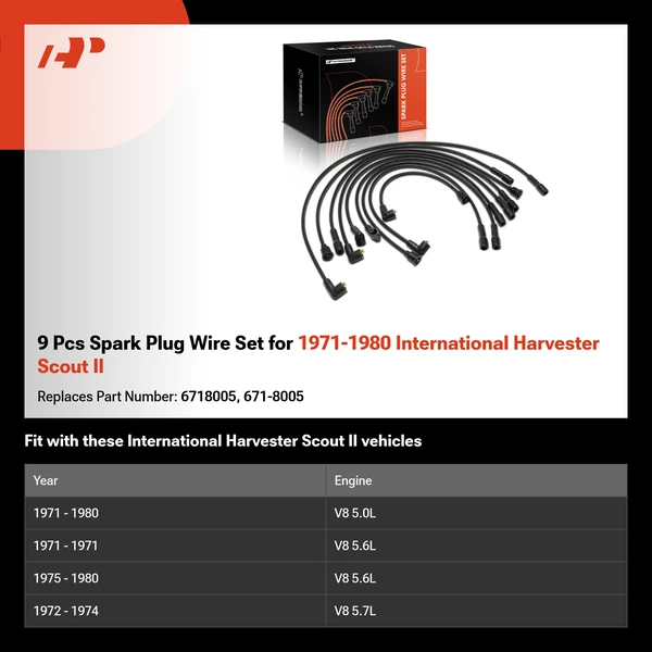 9 Pcs Spark Plug Wire Set for 1971-1980 International Harvester Scout II