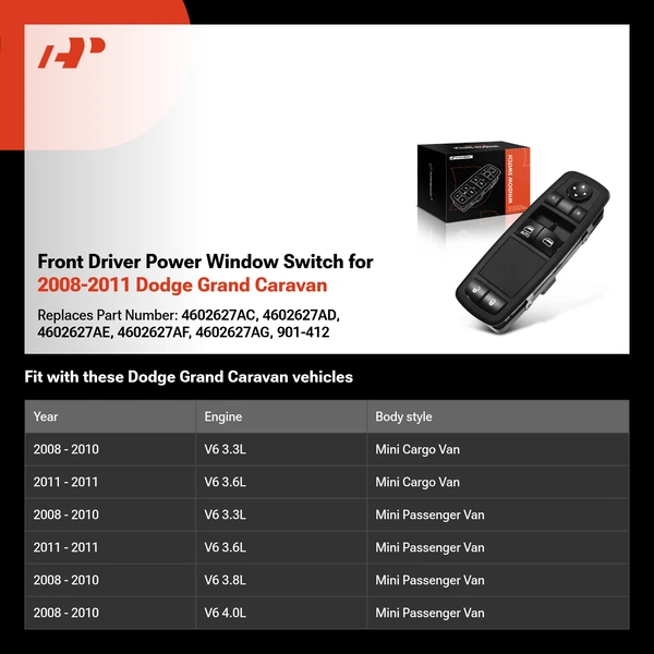 Front Driver Power Window Switch for 2008-2011 Dodge Grand Caravan
