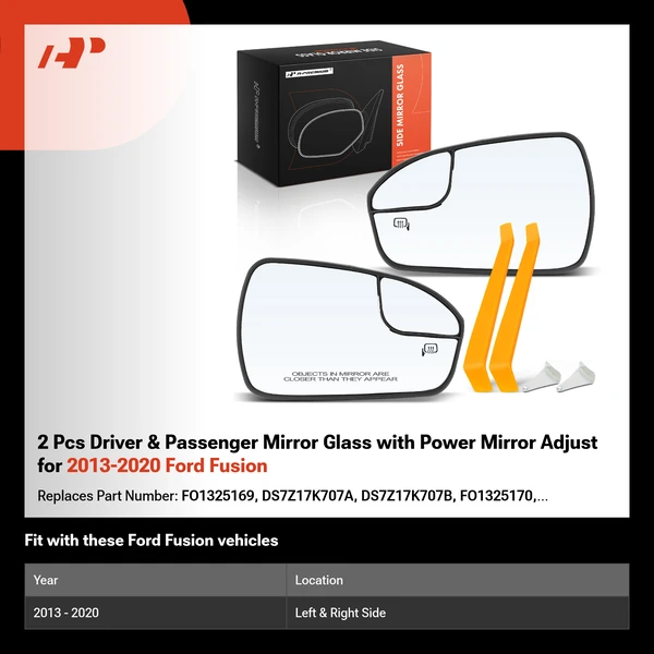2 Pcs Driver & Passenger Mirror Glass with Power Mirror Adjust for 2013-2020 Ford Fusion
