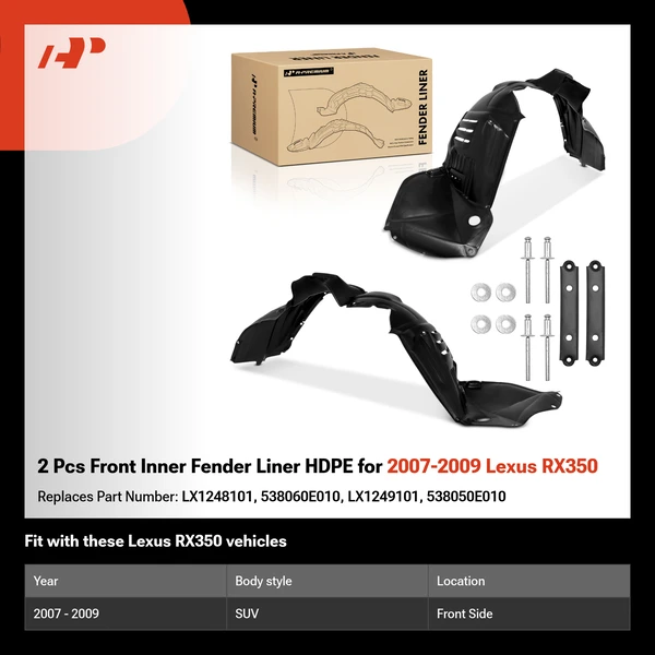2 Pcs Front Inner Fender Liner HDPE for 2007-2009 Lexus RX350