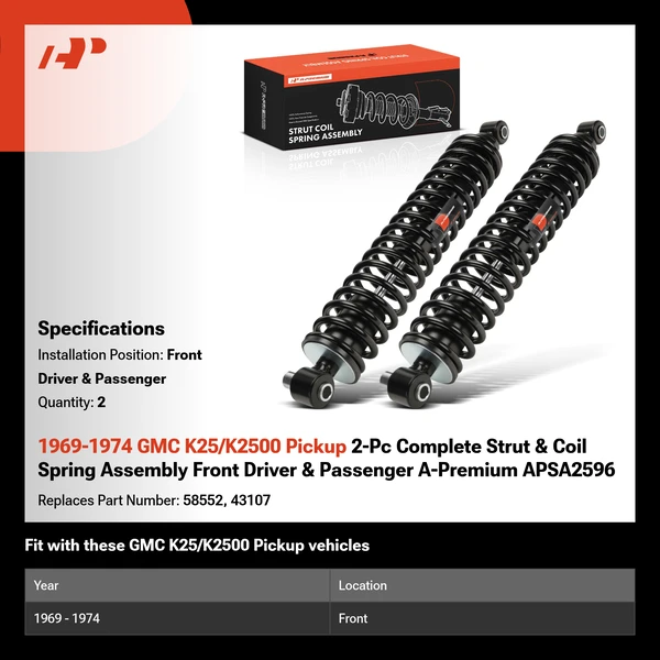 1969-1974 GMC K25/K2500 Pickup 2-Pc Complete Strut & Coil Spring Assembly Front Driver & Passenger A-Premium APSA2596