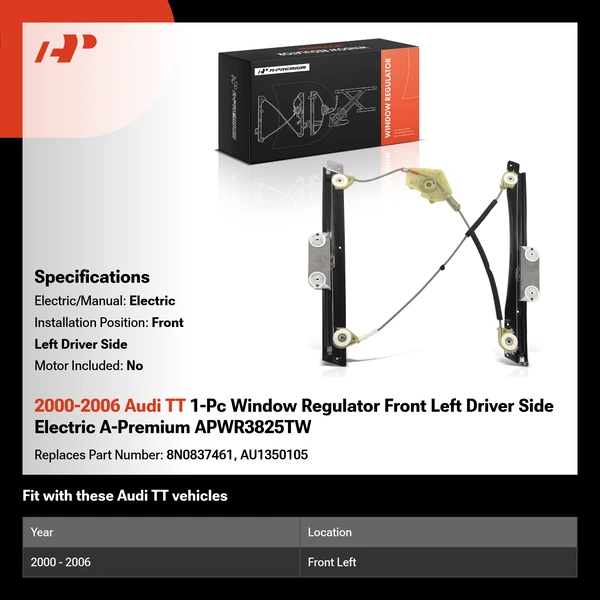 2000-2006 Audi TT 1-Pc Window Regulator Front Left Driver Side Electric A-Premium APWR3825TW