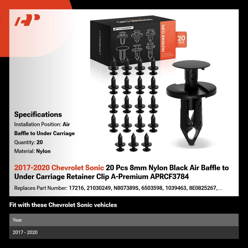 2017-2020 Chevrolet Sonic 20 Pcs 8mm Nylon Black Air Baffle to Under Carriage Retainer Clip A-Premium APRCF3784