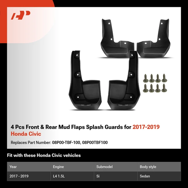 4 Pcs Front & Rear Mud Flaps Splash Guards for 2017-2019 Honda Civic