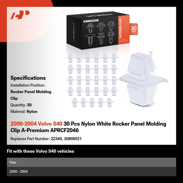 2000-2004 Volvo S40 30 Pcs Nylon White Rocker Panel Molding Clip A-Premium APRCF2046