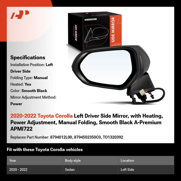 2020-2022 Toyota Corolla Left Driver Side Mirror, with Heating, Power Adjustment, Manual Folding, Smooth Black A-Premium APMI722