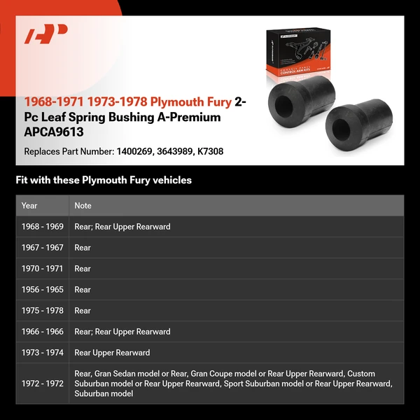 1968-1971 1973-1978 Plymouth Fury 2-Pc Leaf Spring Bushing A-Premium APCA9613