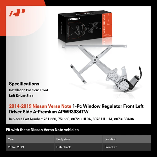2014-2019 Nissan Versa Note 1-Pc Window Regulator Front Left Driver Side A-Premium APWR3334TW