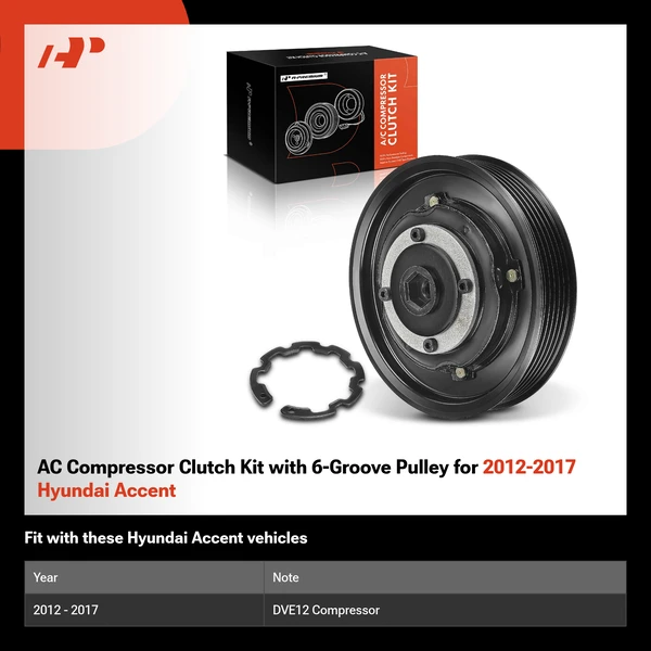 AC Compressor Clutch Kit with 6-Groove Pulley for 2012-2017 Hyundai Accent
