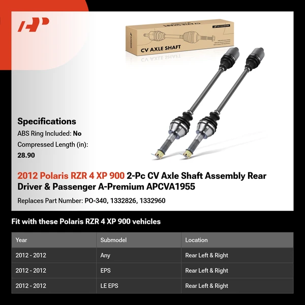 2012 Polaris RZR 4 XP 900 2-Pc CV Axle Shaft Assembly Rear Driver & Passenger A-Premium APCVA1955