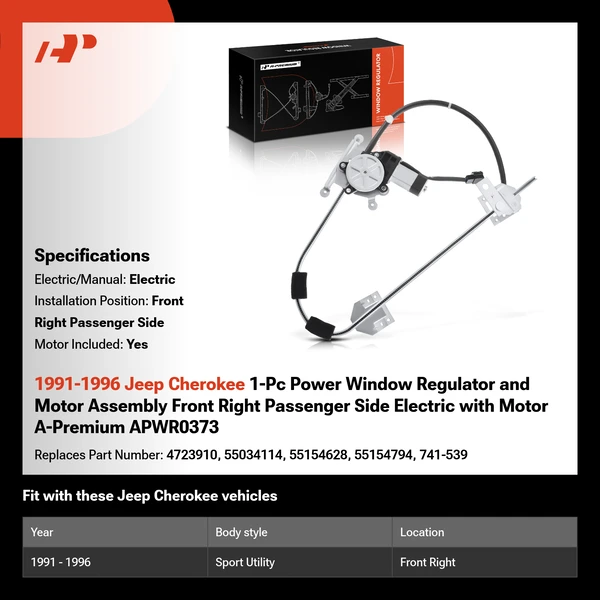 1991-1996 Jeep Cherokee 1-Pc Power Window Regulator and Motor Assembly Front Right Passenger Side Electric with Motor A-Premium APWR0373